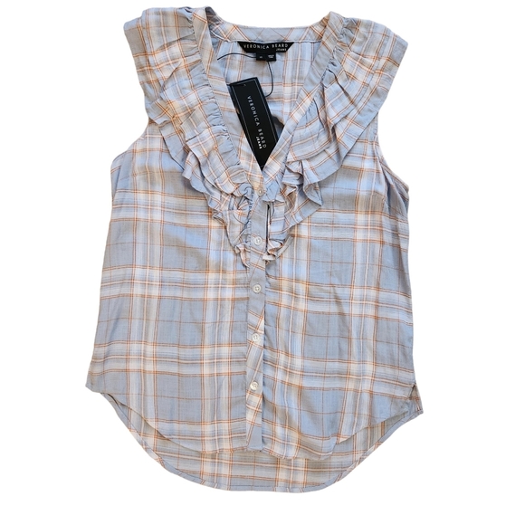 Veronica Beard NWT Size XS Leina Shirt in Vapor Multi, Sleeveless Ruffles Linen - Picture 10 of 14